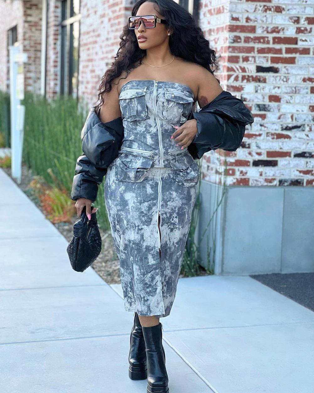 Women Street Sexy Multi-Pocket Strapless Zipper Dress 5