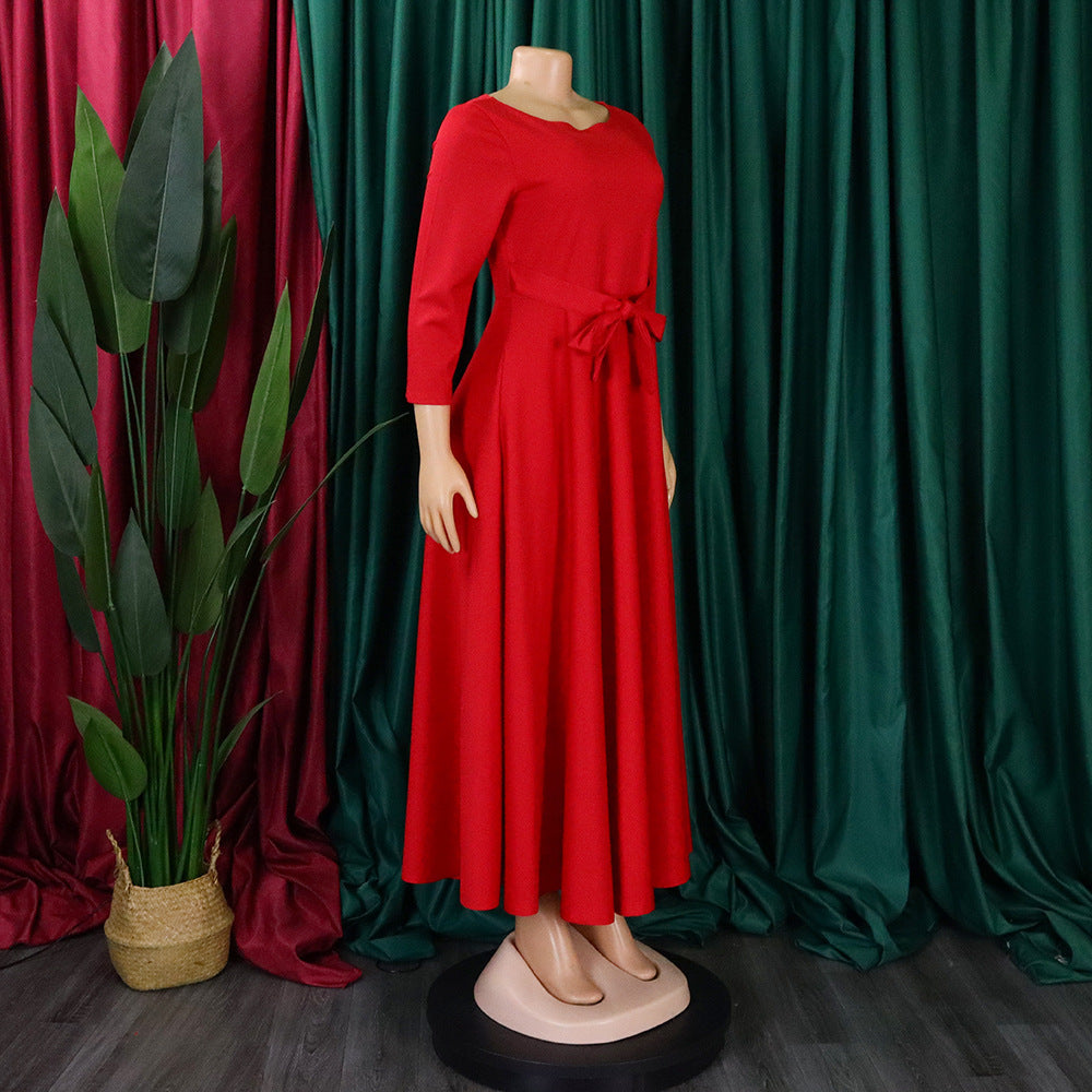 Women's Fall Winter Fashion Chic Solid long sleeve Belted African Plus Size Maxi Dress 27
