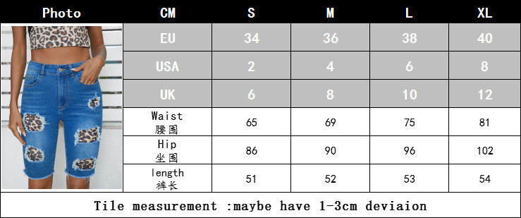 Women's Summer Street Leopard Patchwork Stretch Mid Knee-Length Shorts Ripped Washed Denim Pants 8