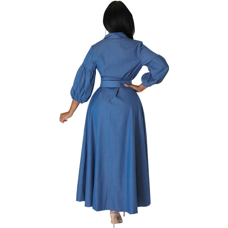 Women Fall Blue Long Sleeved Denim Shirt Dress 4