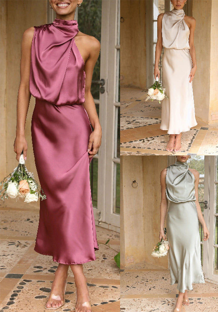 Summer Chic Women's Sleeveless Halter Neck Solid Satin Dress