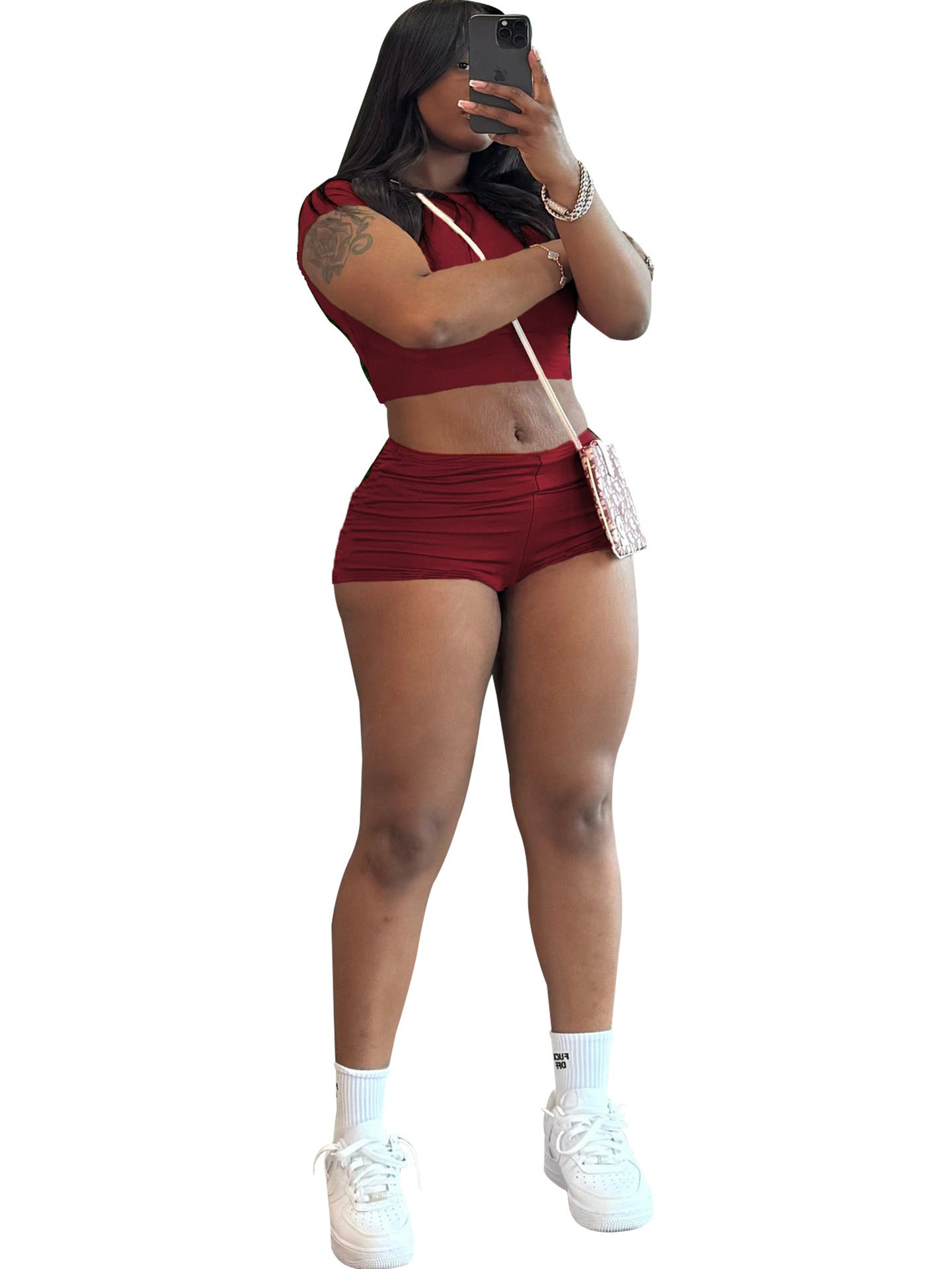 Women Summer Solid Crop Top Shorts Two-Piece Set 15