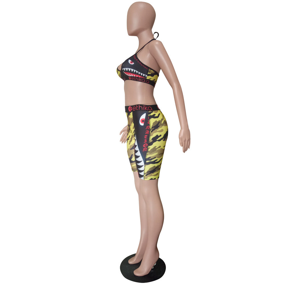 Women summer camouflage vest sports Top and Shorts Casual two-piece set 15