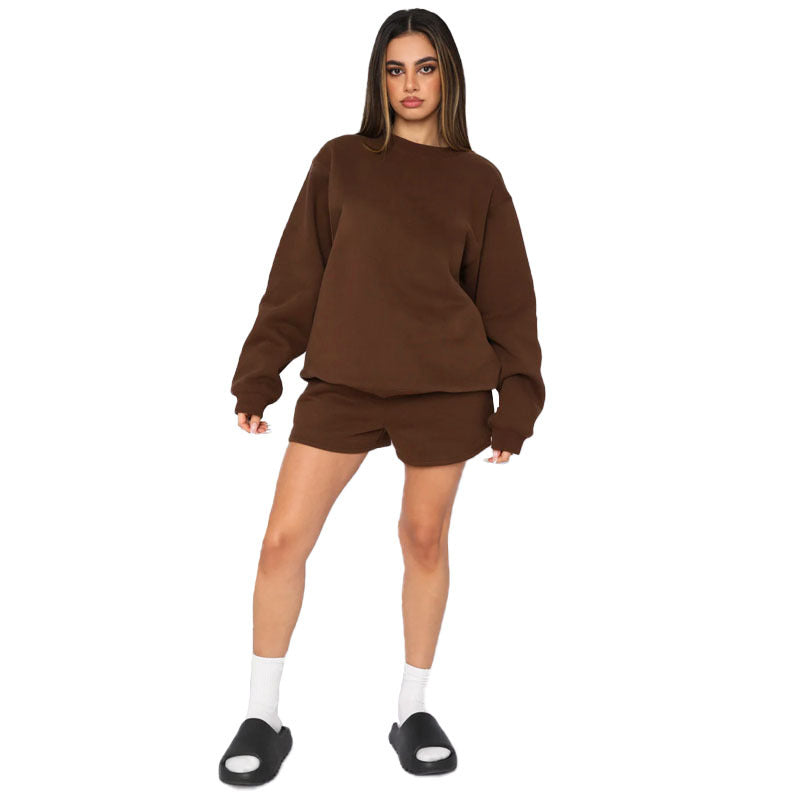 Fall Winter Solid Color Round Neck Pullover Long Sleeve Hoodies Women's Fashion Casual Shorts Two Piece Set 8