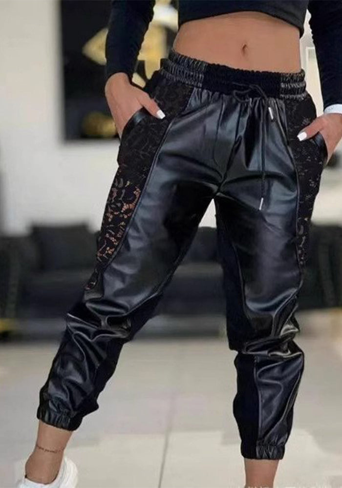 Women's Mesh Patchwork PU Leather Casual Pants