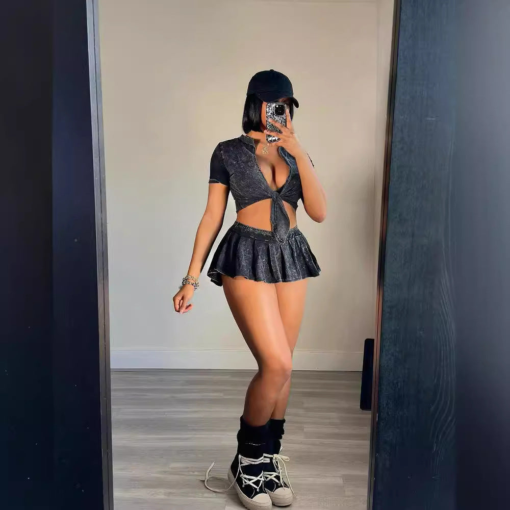 Sexy Women's Tie-Dye Print Short-Sleeved Lace-Up Crop Top Pleated A-Line Skirt Casual Two-Piece Set 4