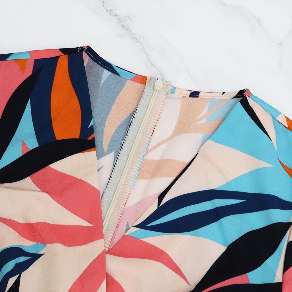 Women's Printed Puff Sleeve V-Neck Ruffle Long Dress 6