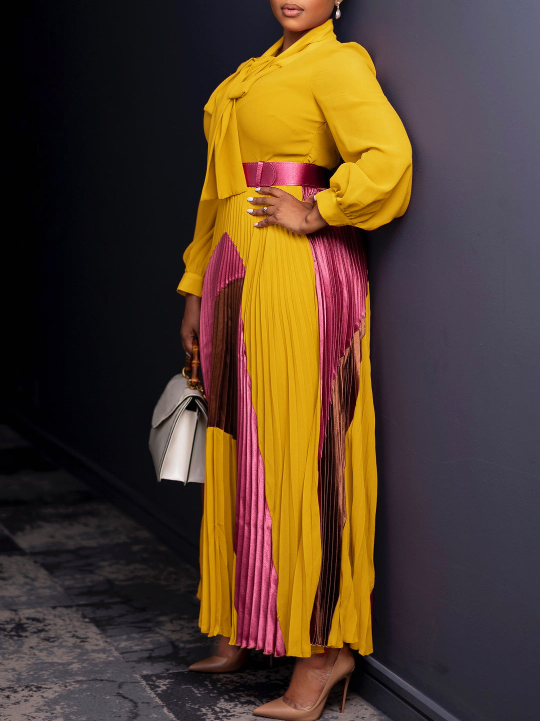 Plus Size Women Autumn Lace-Up Pleated Long Sleeve Colorblock Dress 8