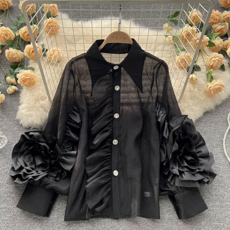 Women Fashion Turndown Collar Ruffled Loose Shirt 6