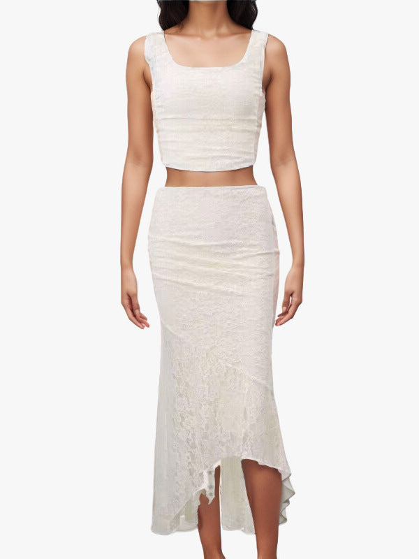 Women's Spring Summer Sexy Pleated Strap Top Chic Lace Skirt Two Piece Set 3