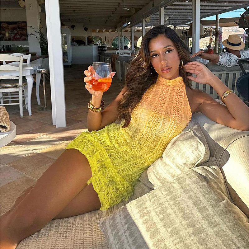 Women Summer Sleeveless Round Neck Gradient Tassel Dress 4