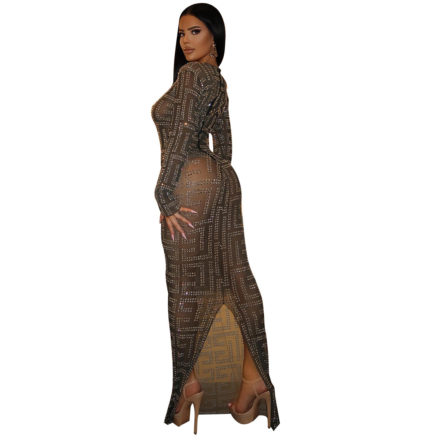 Ladies Fashion Sexy Mesh Beaded Long Sleeve Ladies Nightclub Dress 5