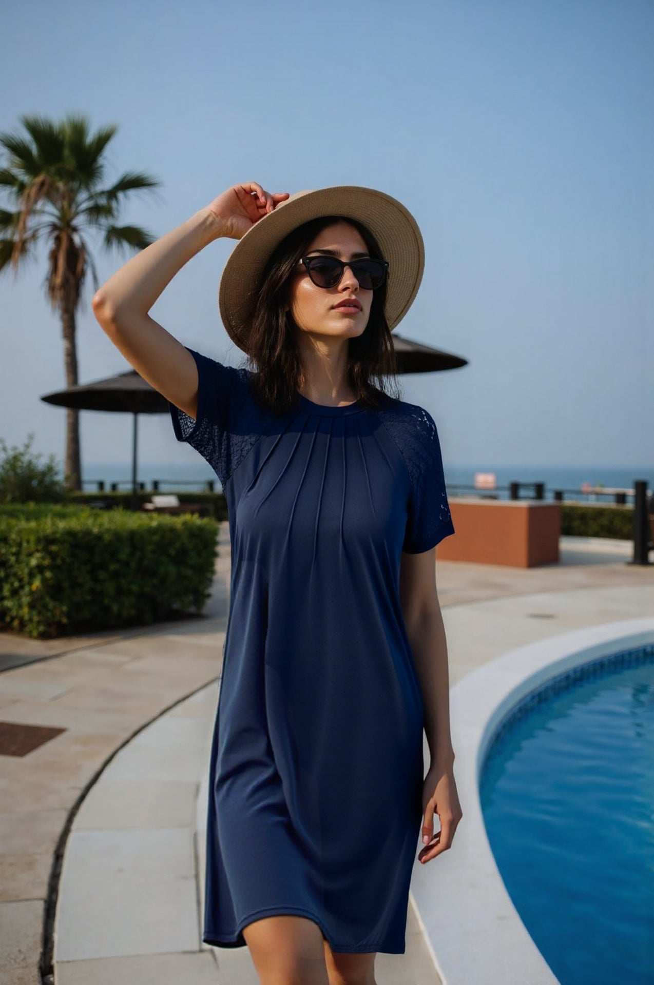 Women Spring and Summer Solid Hollow Lace Short Sleeve Round Neck Crumpled Dress