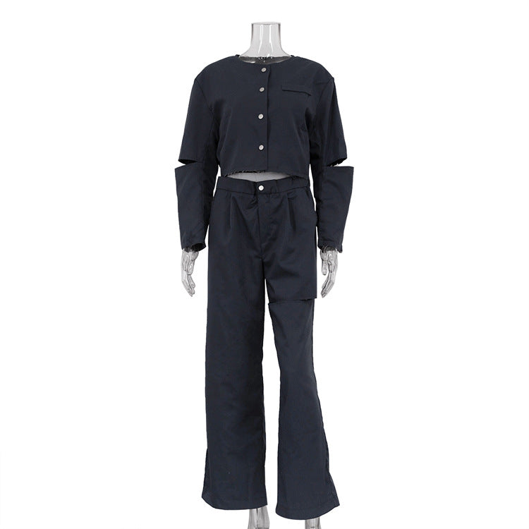 Fashion Women's Long Sleeve Hollow Ripped Top Wide Leg Pants Two Piece Set 12