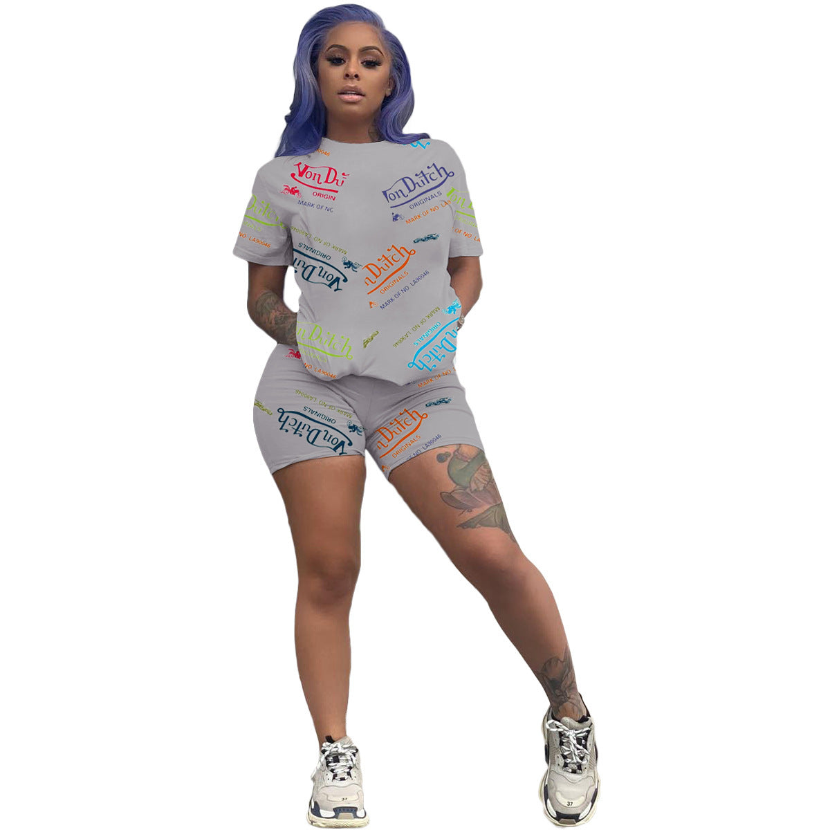 Women Sexy Letter Print Round Neck Short Sleeve Top and Shorts Two Piece Set 14