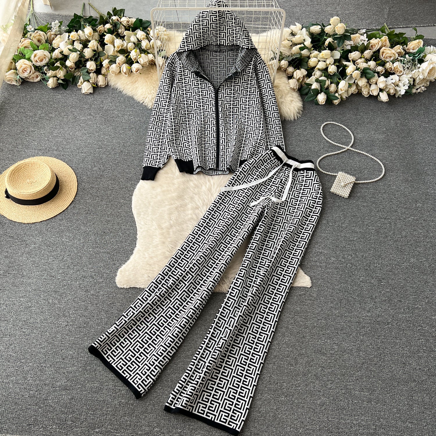 Women Casual Printed Long Sleeve Hooded Knitting Top + Wide Leg Pants Two-Piece Set 7