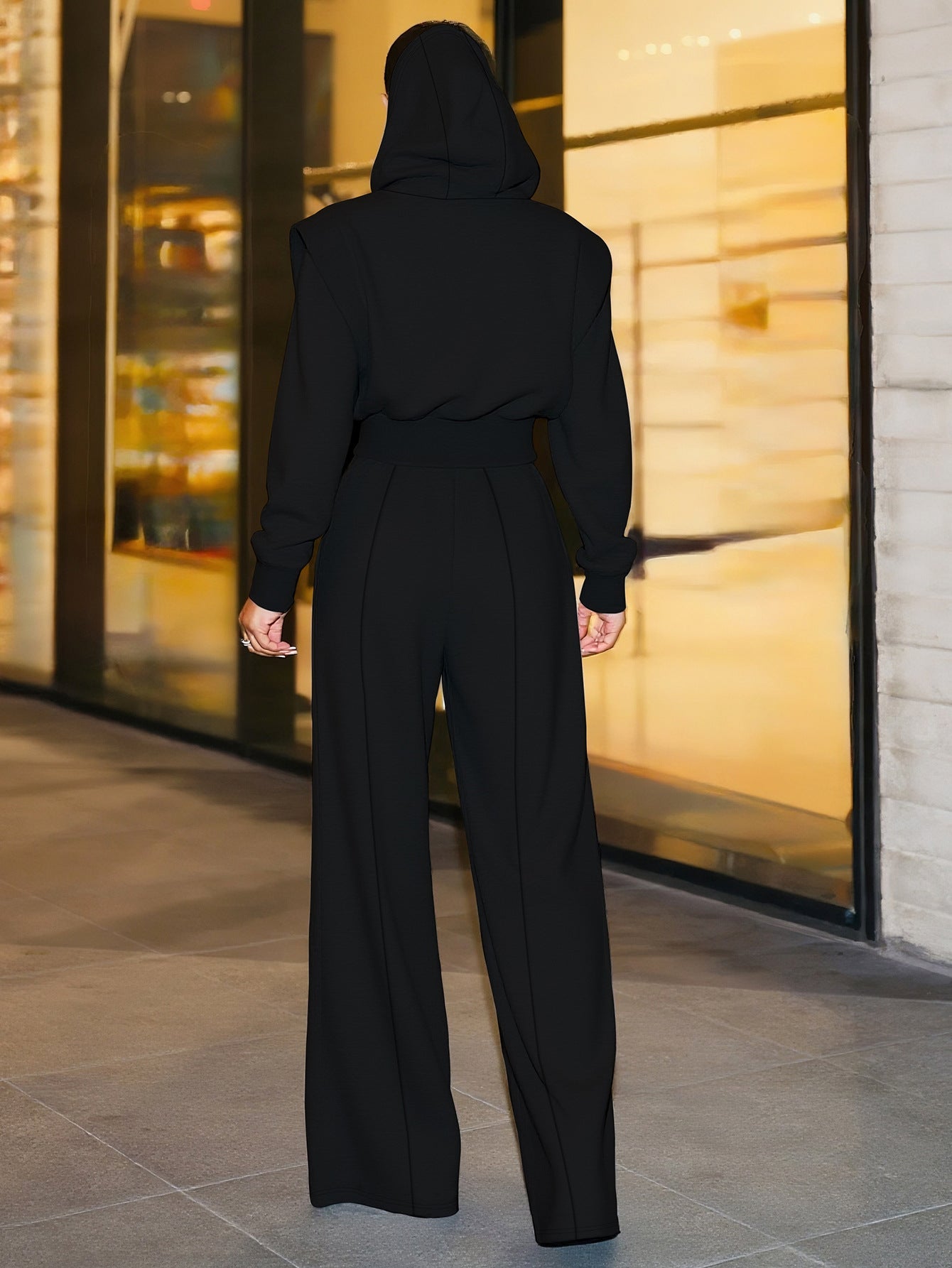 Women Elegant Long-Sleeved Hooded Crop Top and Pants Two-Piece Set 5