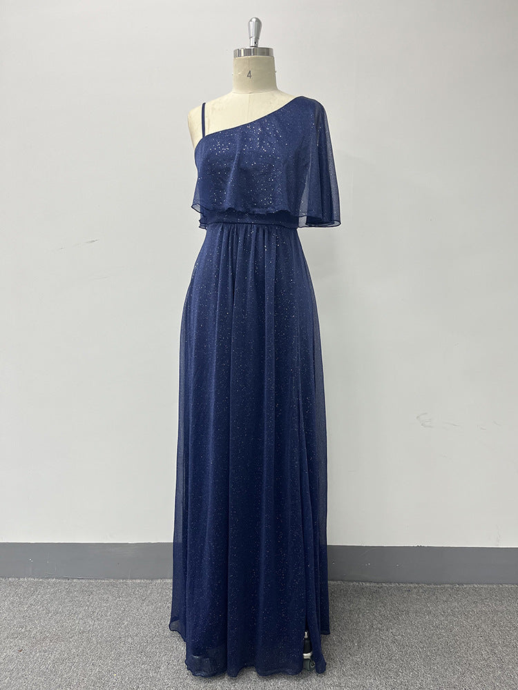 Ladies One Shoulder Short Sleeve Side Slit Evening Dress A-Line Shiny Long Party Prom 9