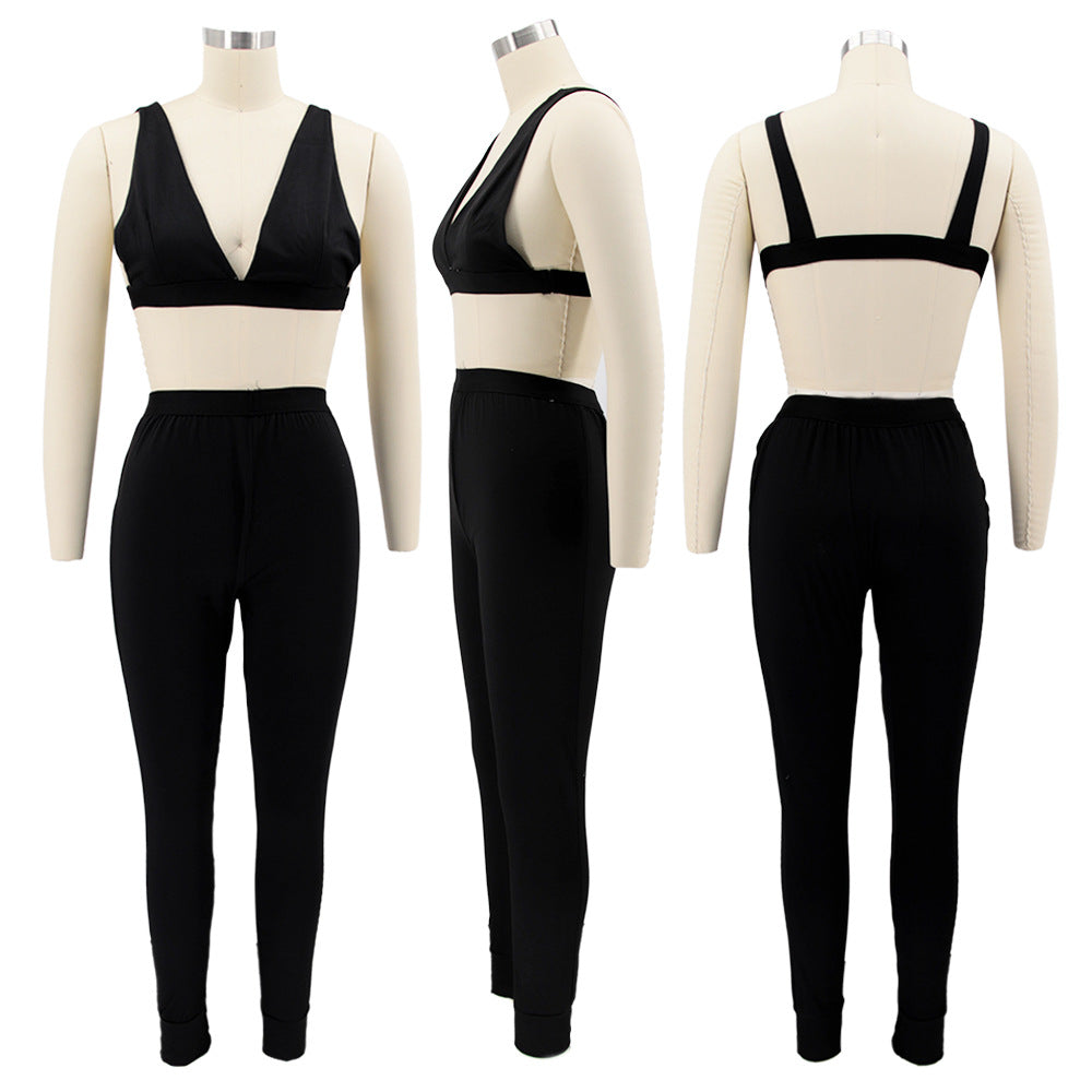 Women Solid Sling Elastic Casual Sports Two-piece Set 13