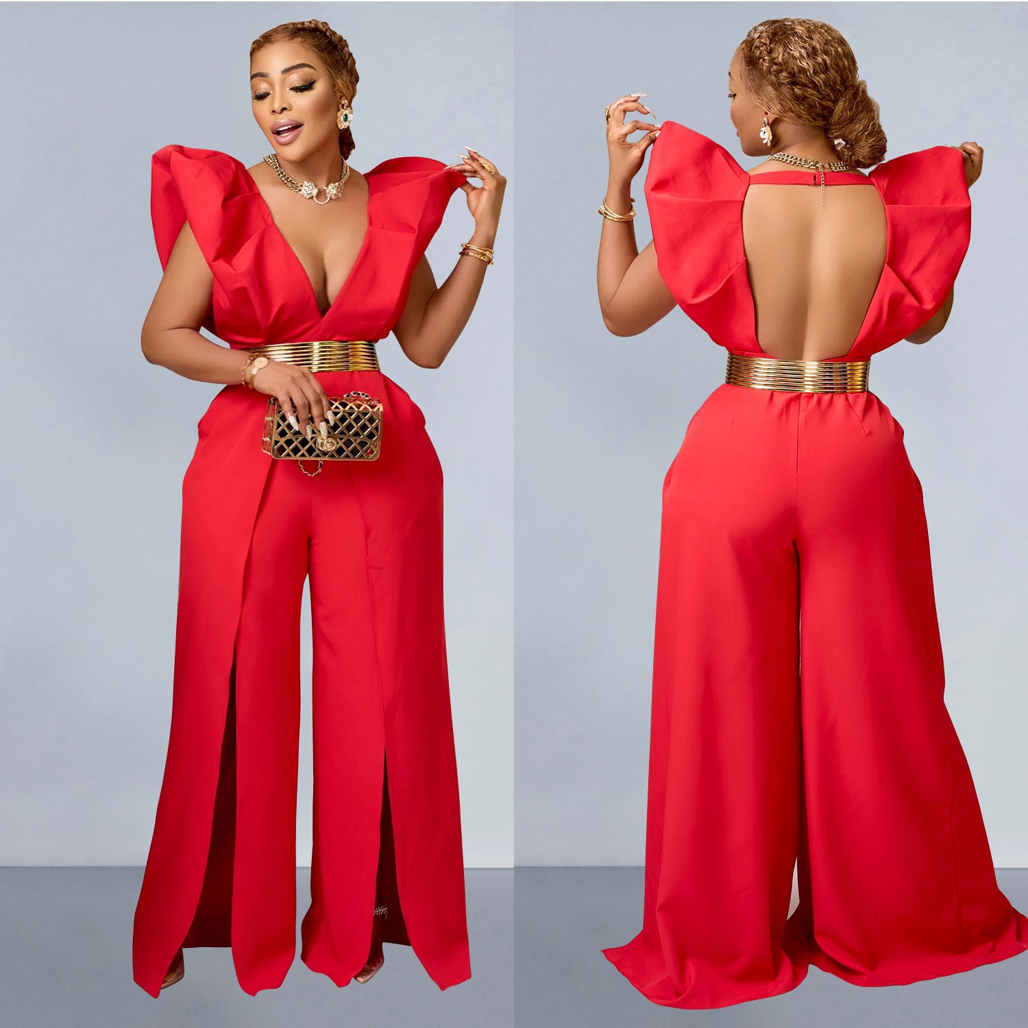Women Solid Sexy V Neck Pleated Jumpsuit 3