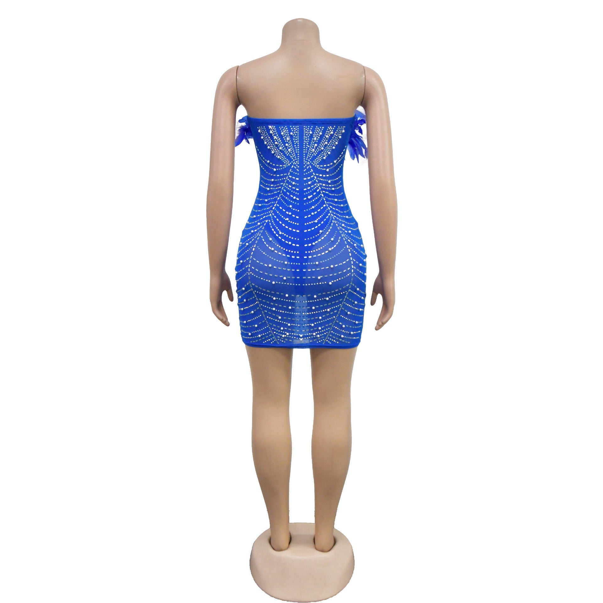 Fashion Women's Solid Color Mesh Beaded Feather Dress 34