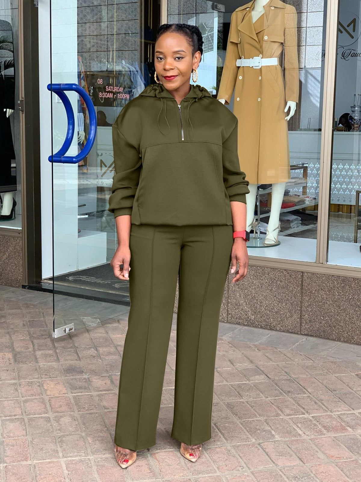 Women Solid Loose Pocket Hooded Drawstring Top and Pant Two-piece Set 4