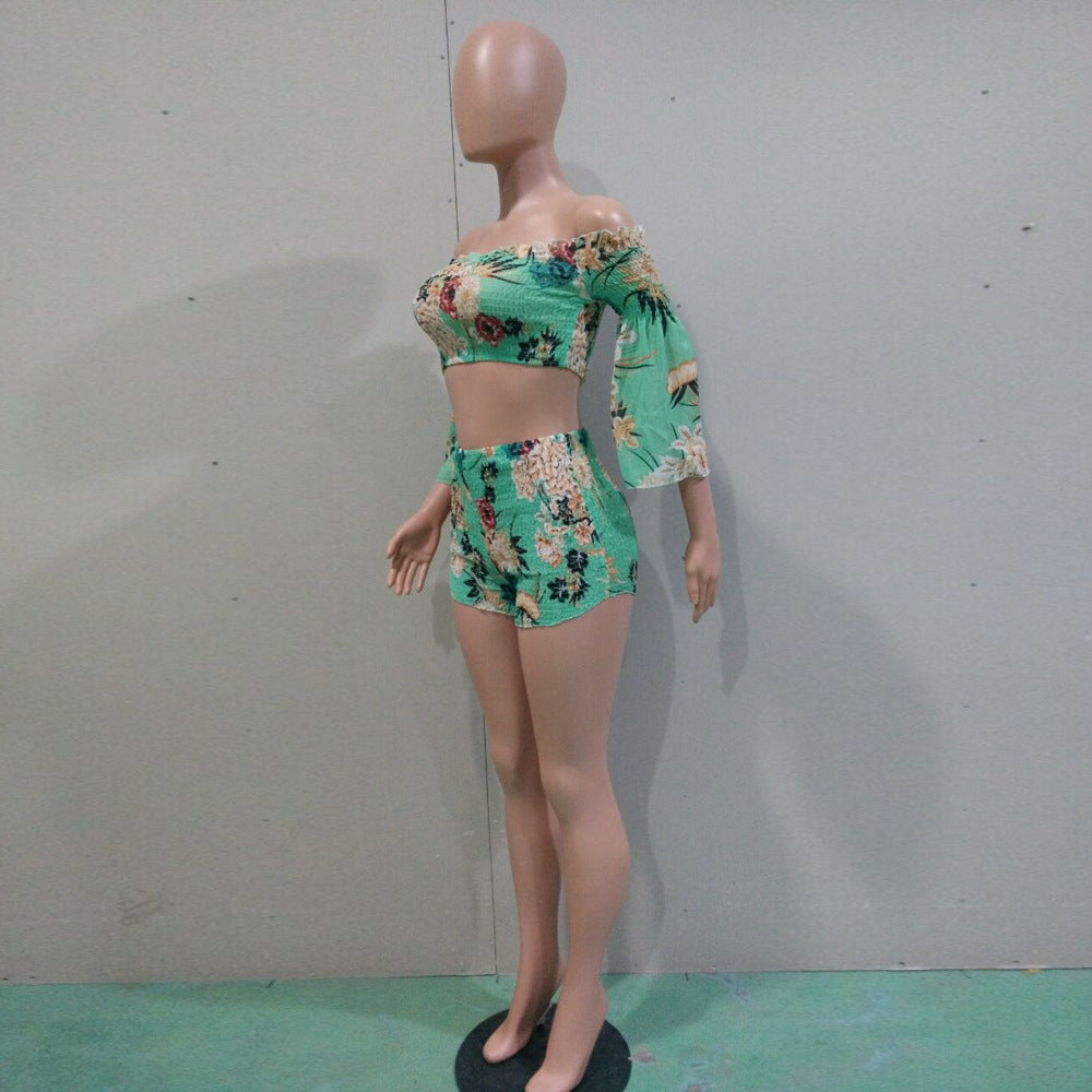 Women's Fashion Print Off Shoulder Bell Bottom Sleeve Two-Piece Set 22