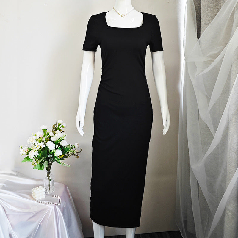 Square Neck Women Sexy Slit Slim Fit Bodycon Long Dress 10