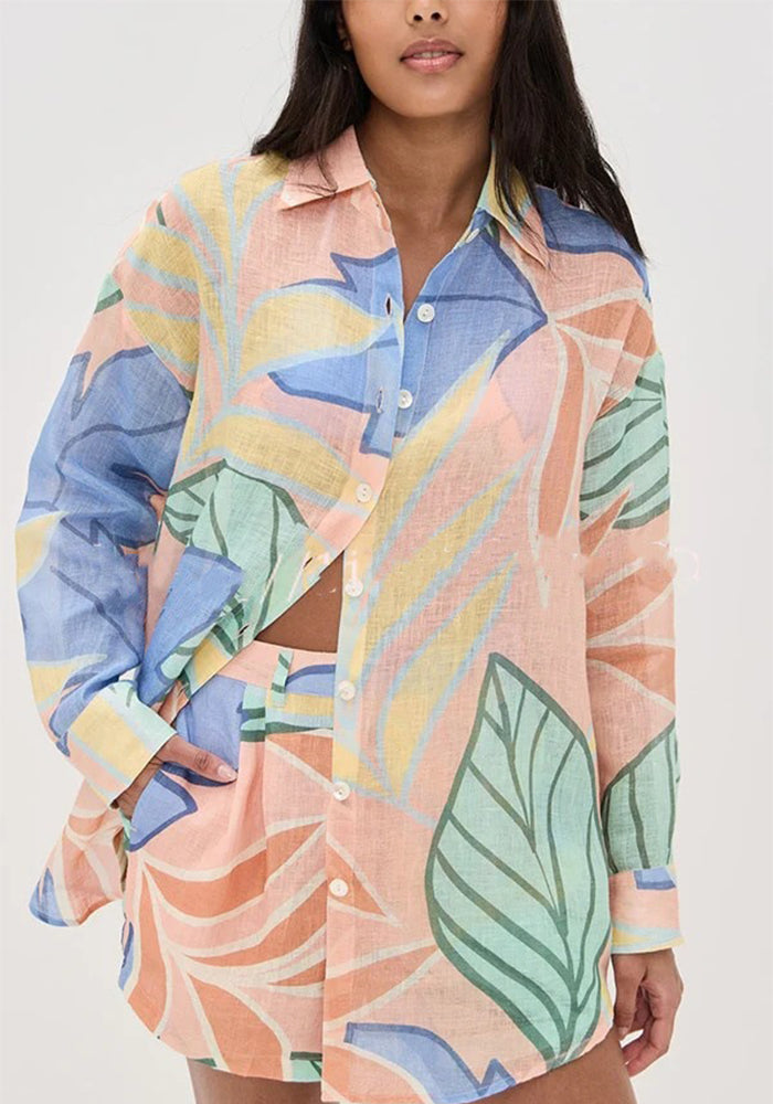 Women Casual Printed Long Sleeve Shirt and Shorts Two-piece Set