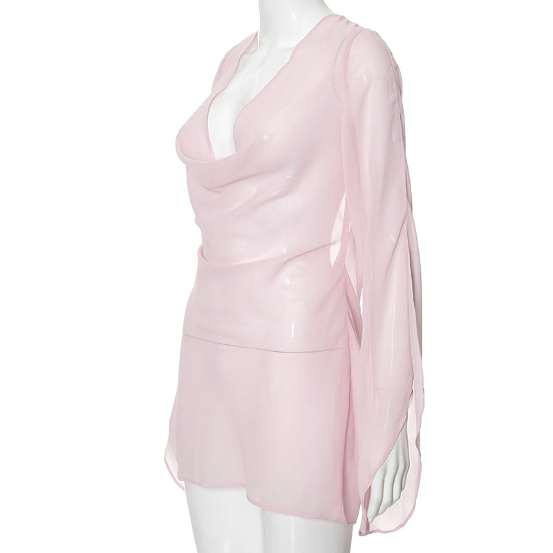 Women Summer Sexy See-Through Swing Collar Long Sleeve Backless Dress 7