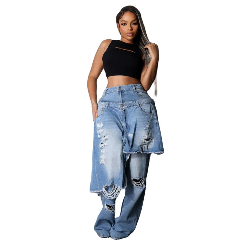 Women Casual Fashion Stretchy Apron Denim Ripped Pant 3