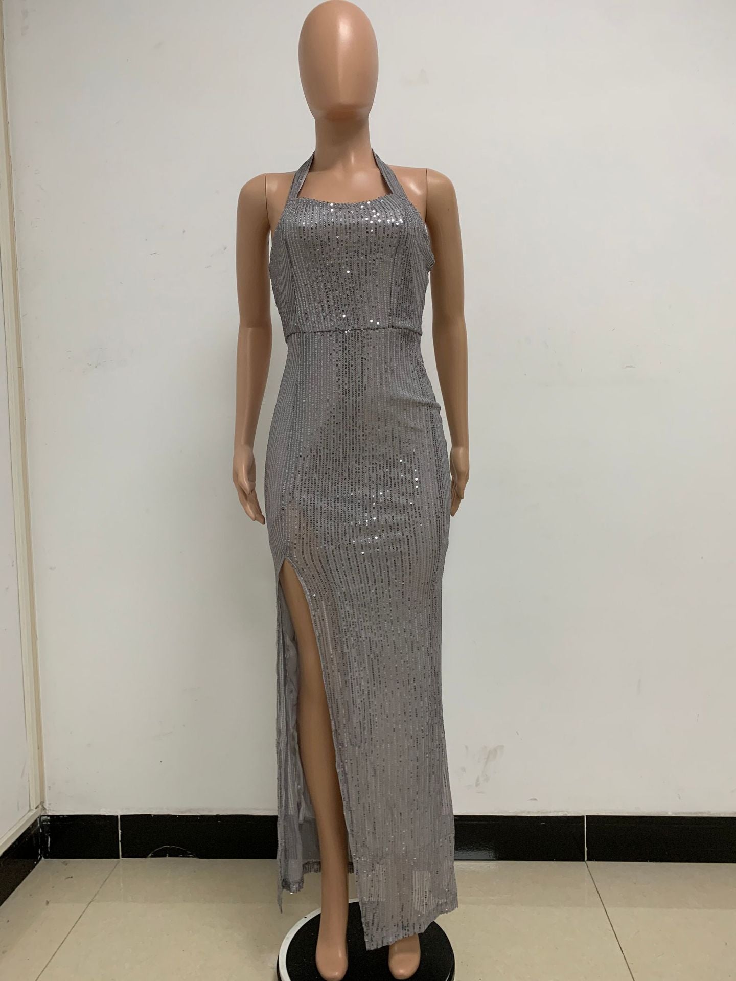 Women Sleeveless Halter Neck Backless Sequin Slit Evening Dress 70