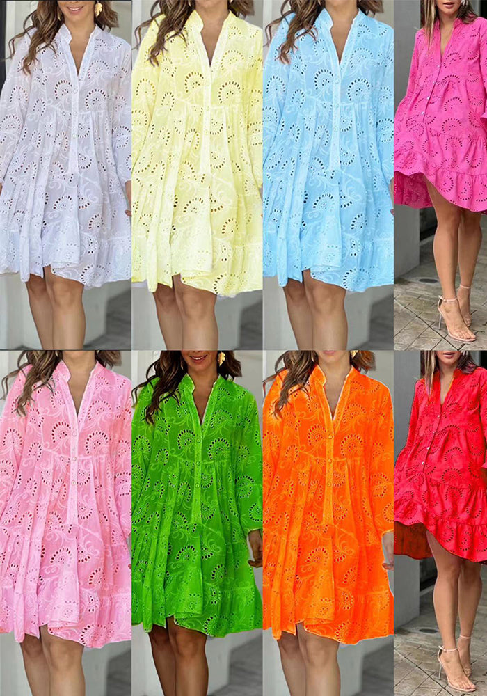 Spring And Summer Solid Color V-Neck Loose Embroidered Hollow Lace Dress