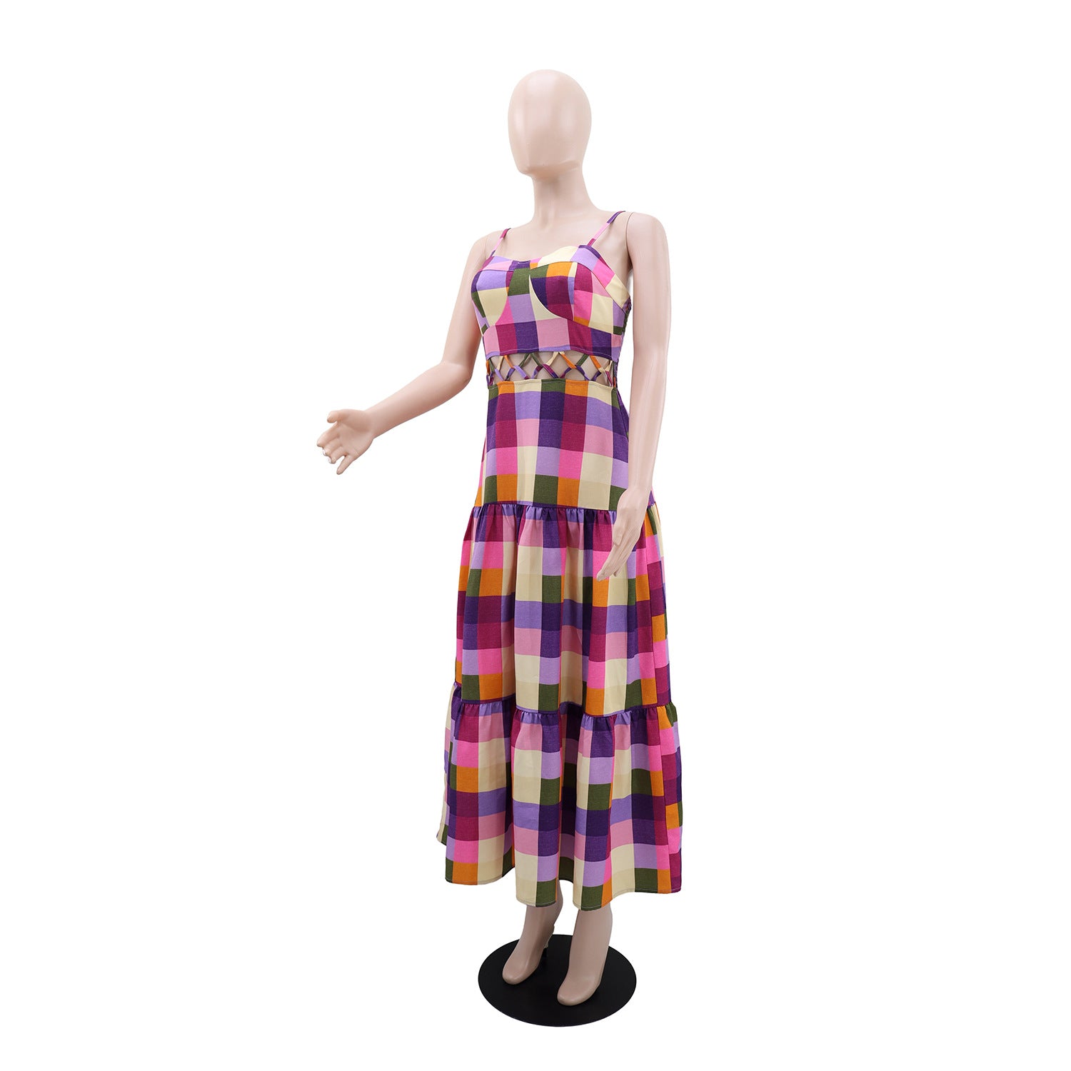 Women Plaid Print Suspender Holidays Casual Dress 4