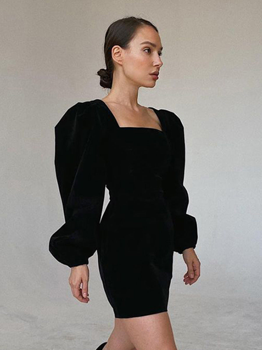 Autumn and winter black velvet dress women's fashion square neck puff sleeves Bodycon dress 4