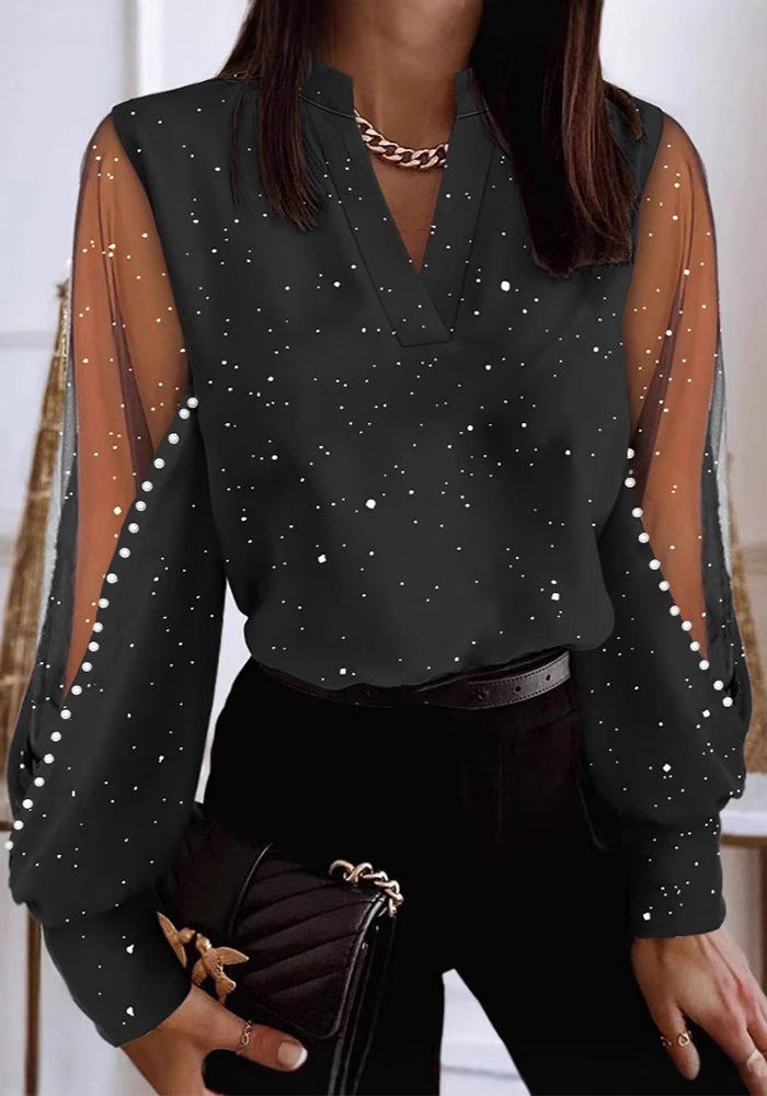 Women spring and autumn sexy v-neck mesh Patchwork See-Through long sleeve T-shirt