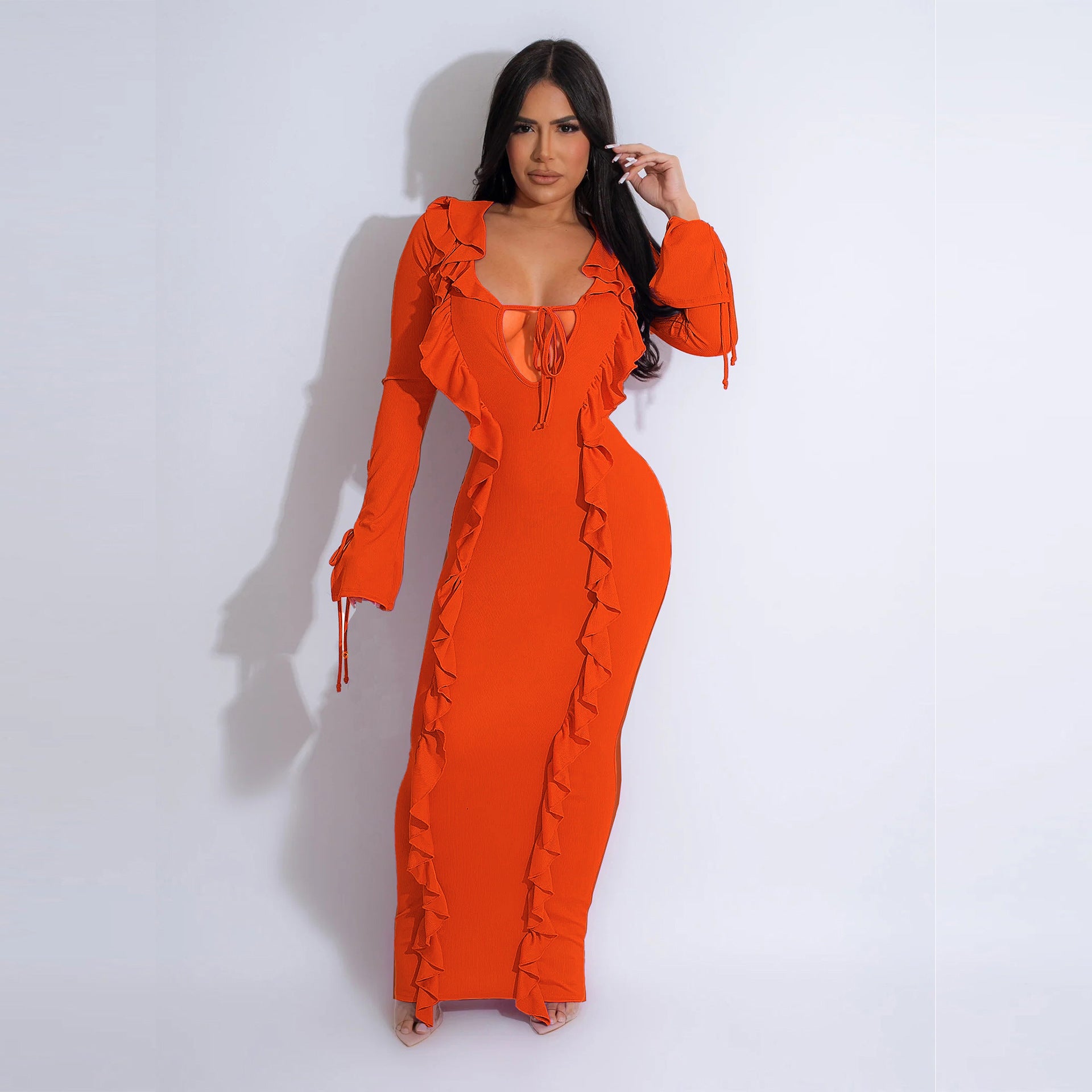 Ruffled V-Neck Lace-Up Slim Fit Long Dress 9