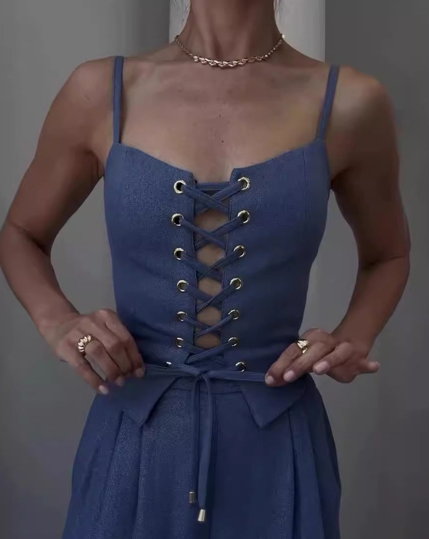 Summer Sexy Hollow Lace-Up Top Wide-Leg Pants Casual Two Piece Set 6