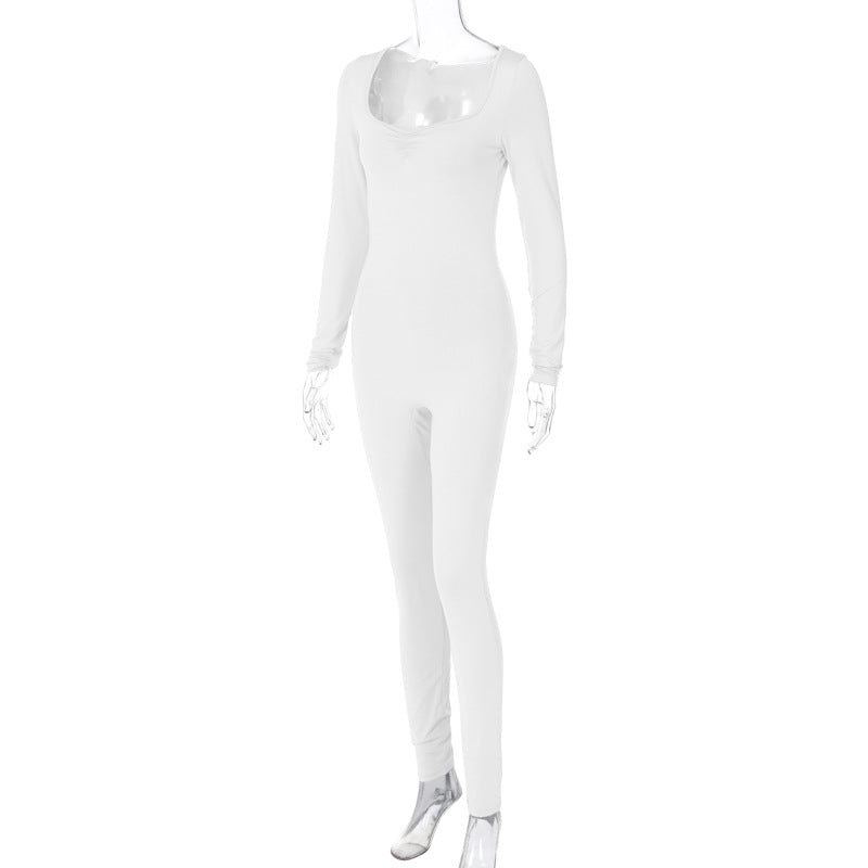 Women Winter Solid Square Neck Pleated Long Sleeve Jumpsuit 23