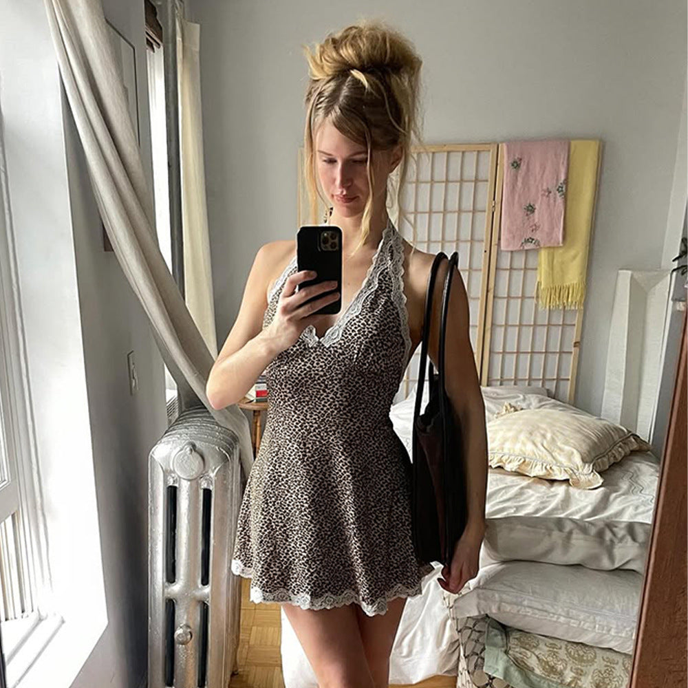 Spring Summer Leopard Print Low Back Lace Patchwork Halter Dress 4