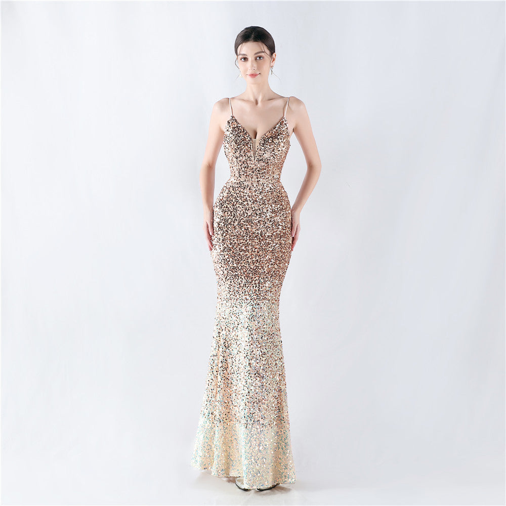 Gradient Sequins Sexy Strap Evening Dress 17