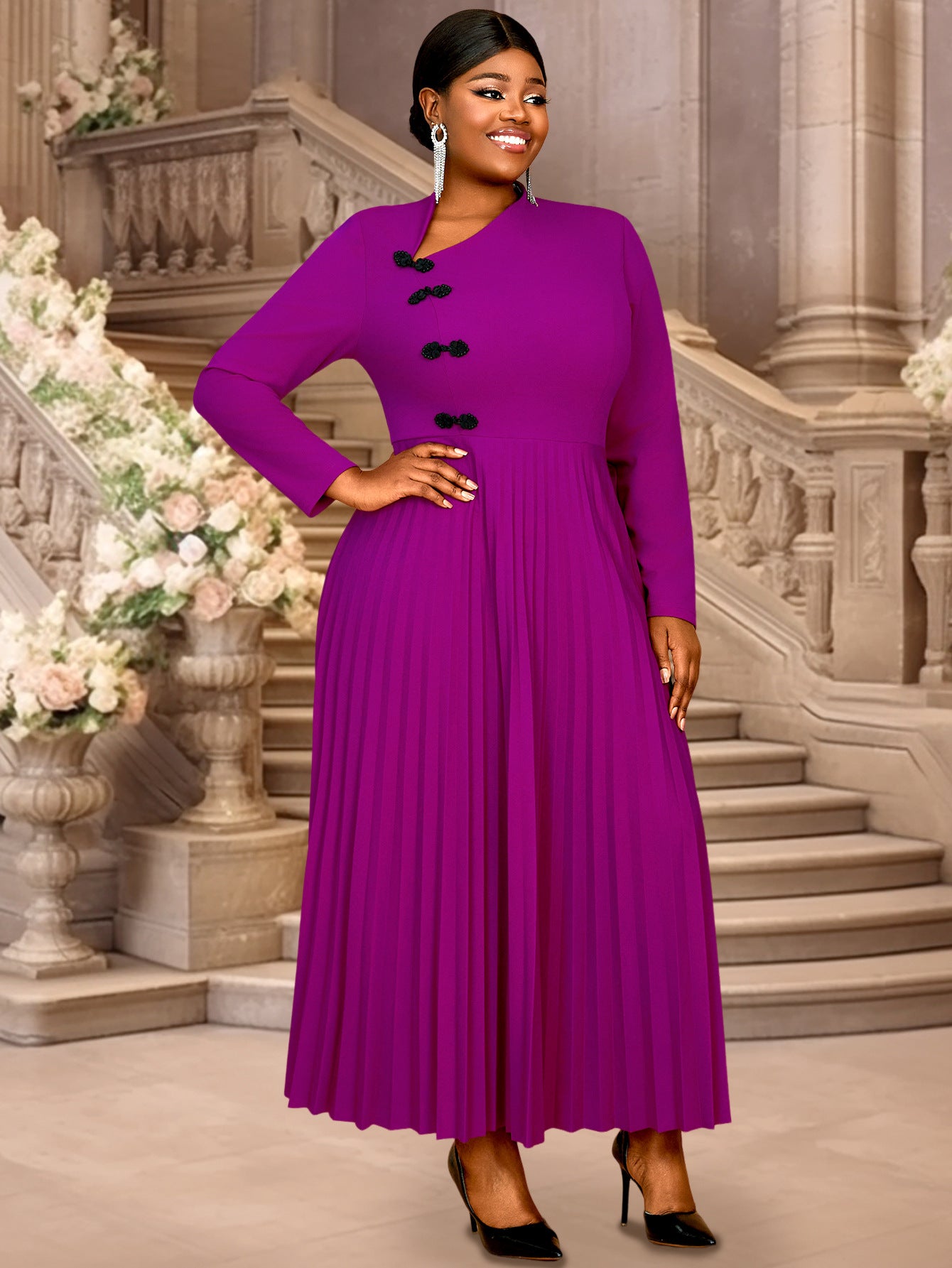 Plus Size Women Ruffles Elegant V-neck Pleated Party Dress 5