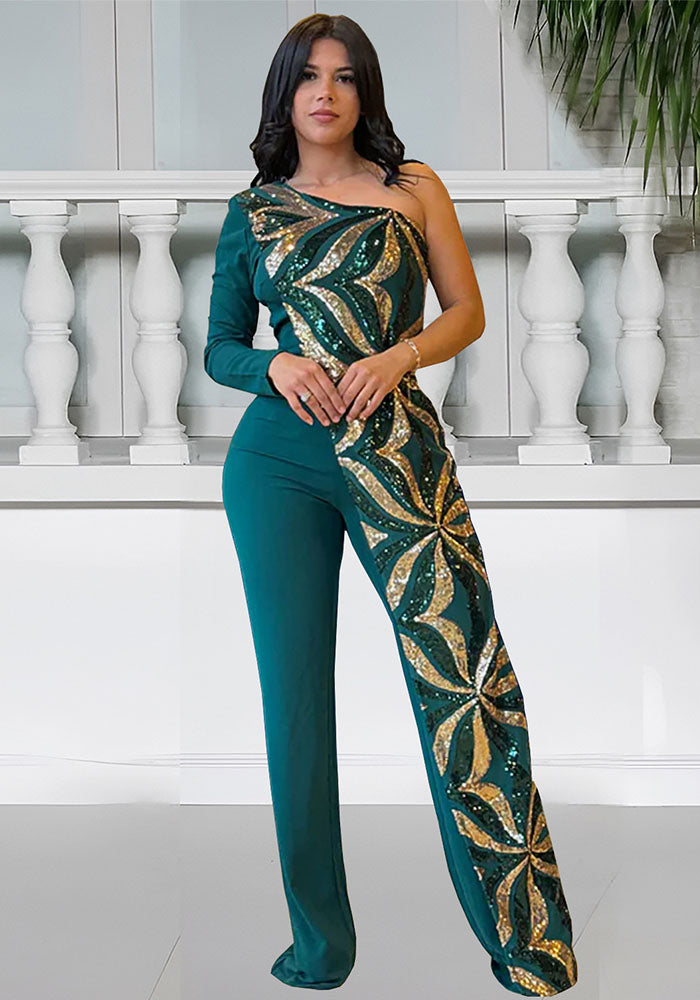 Women One Shoulder Sequin Jumpsuit