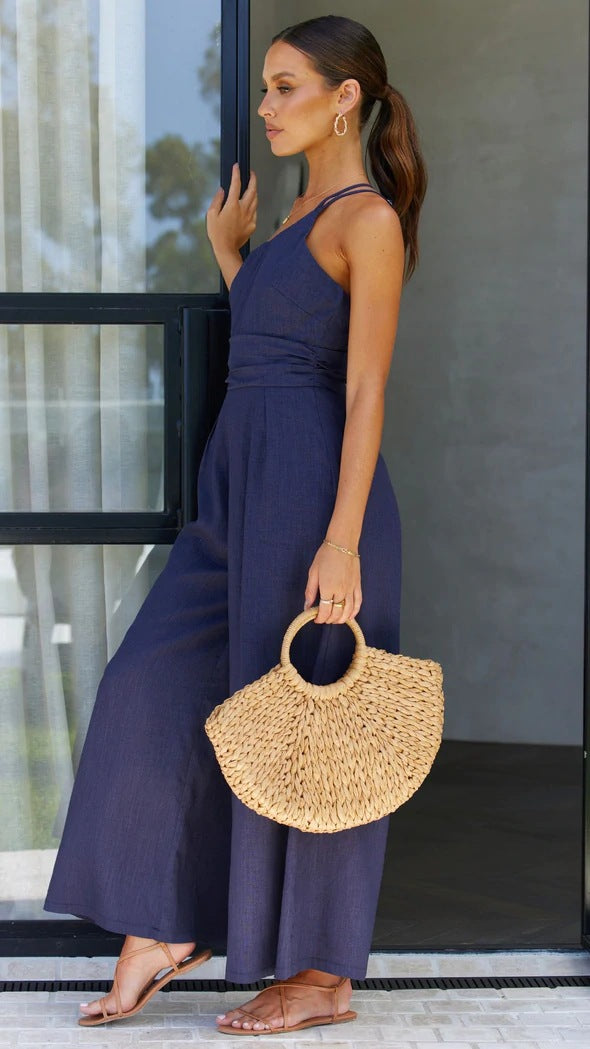 Women's Spring/Summer Solid Color Loose Wide Leg Linen Jumpsuit 14