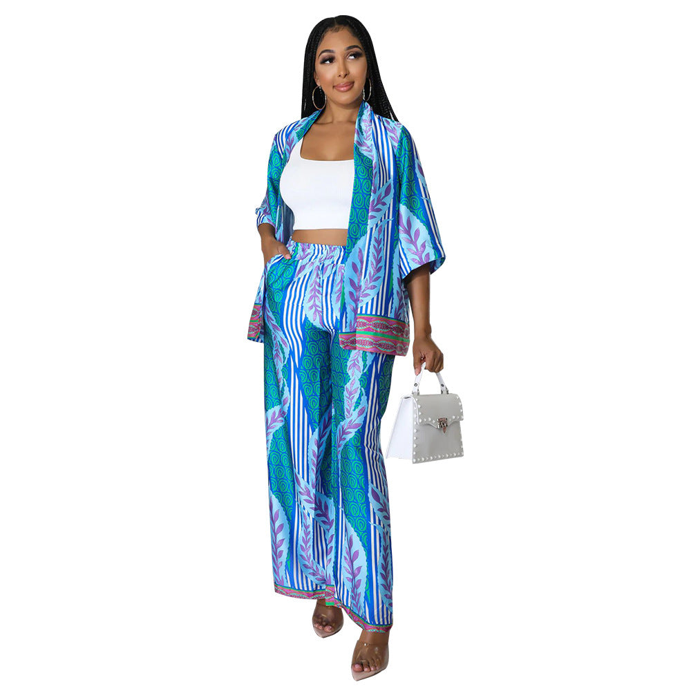 Women Long Sleeve Printed Top + Wide Leg Pants Two Piece Set