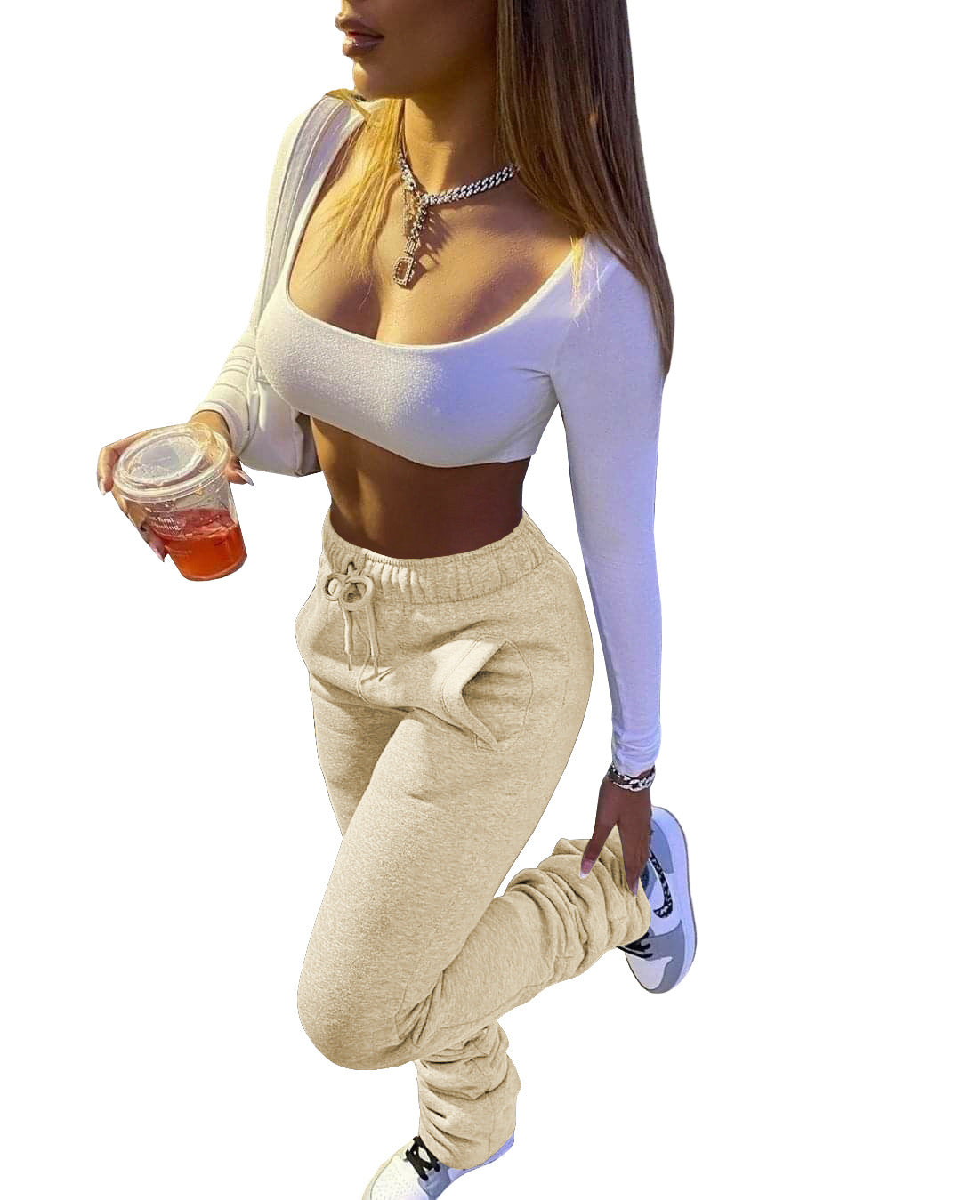 Women Fleece Sports Casual Drawstring Pockets Stacked Pant