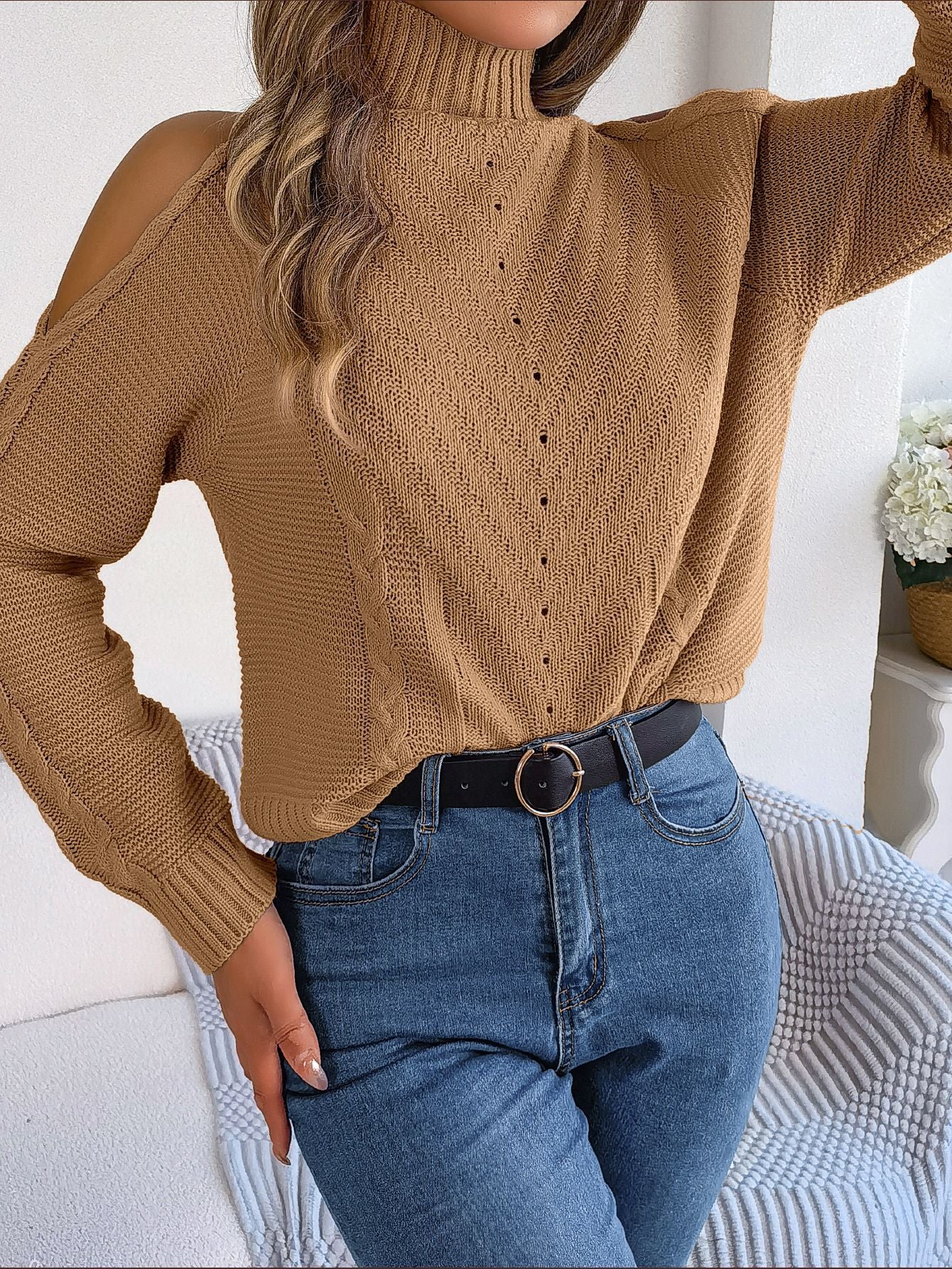 Women Casual Off Shoulder Turtleneck Cutout Long Sleeve Sweater 5