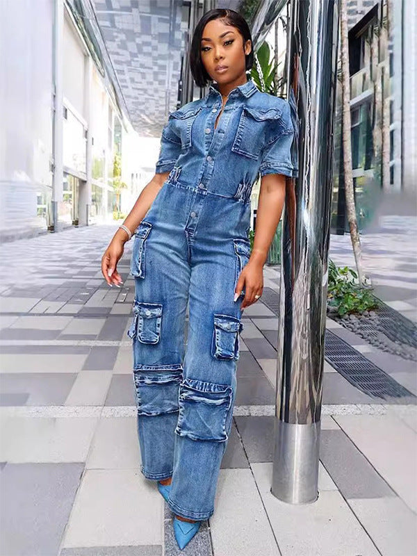 Women Cargo short sleeve Turndown Collar Denim Jumpsuit