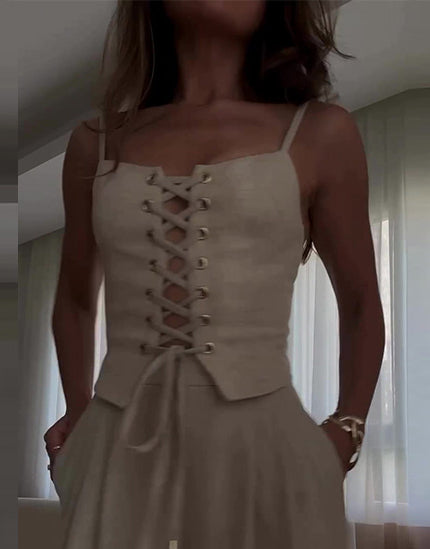 Summer Sexy Hollow Lace-Up Top Wide-Leg Pants Casual Two Piece Set 4