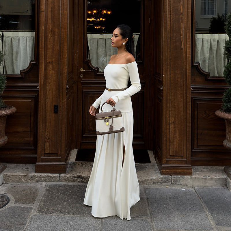 Spring Solid Color Off Shoulder Long Sleeve Slim Patchwork Long Dress 4